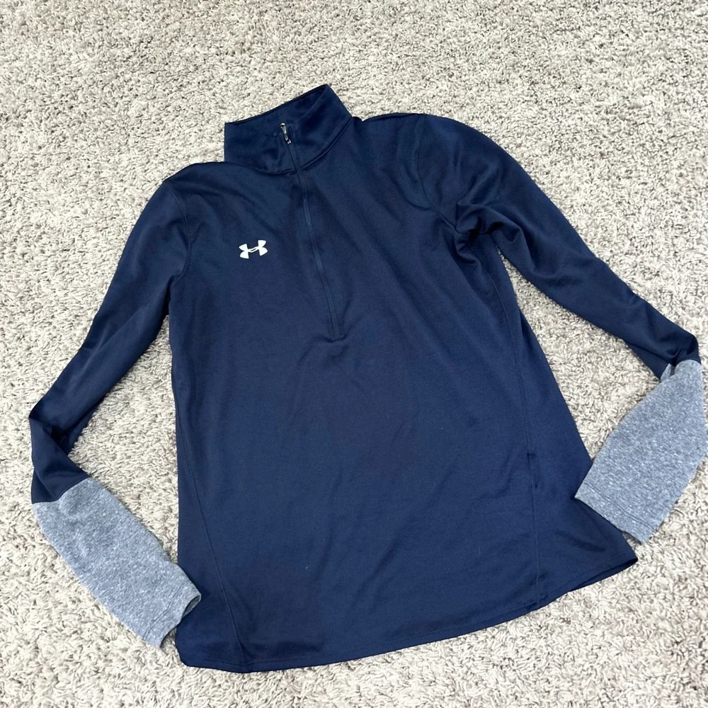Under Armour HeatGear Mens Small Navy Blue 1/4 Zip Pullover Thumbholes Loose Fit